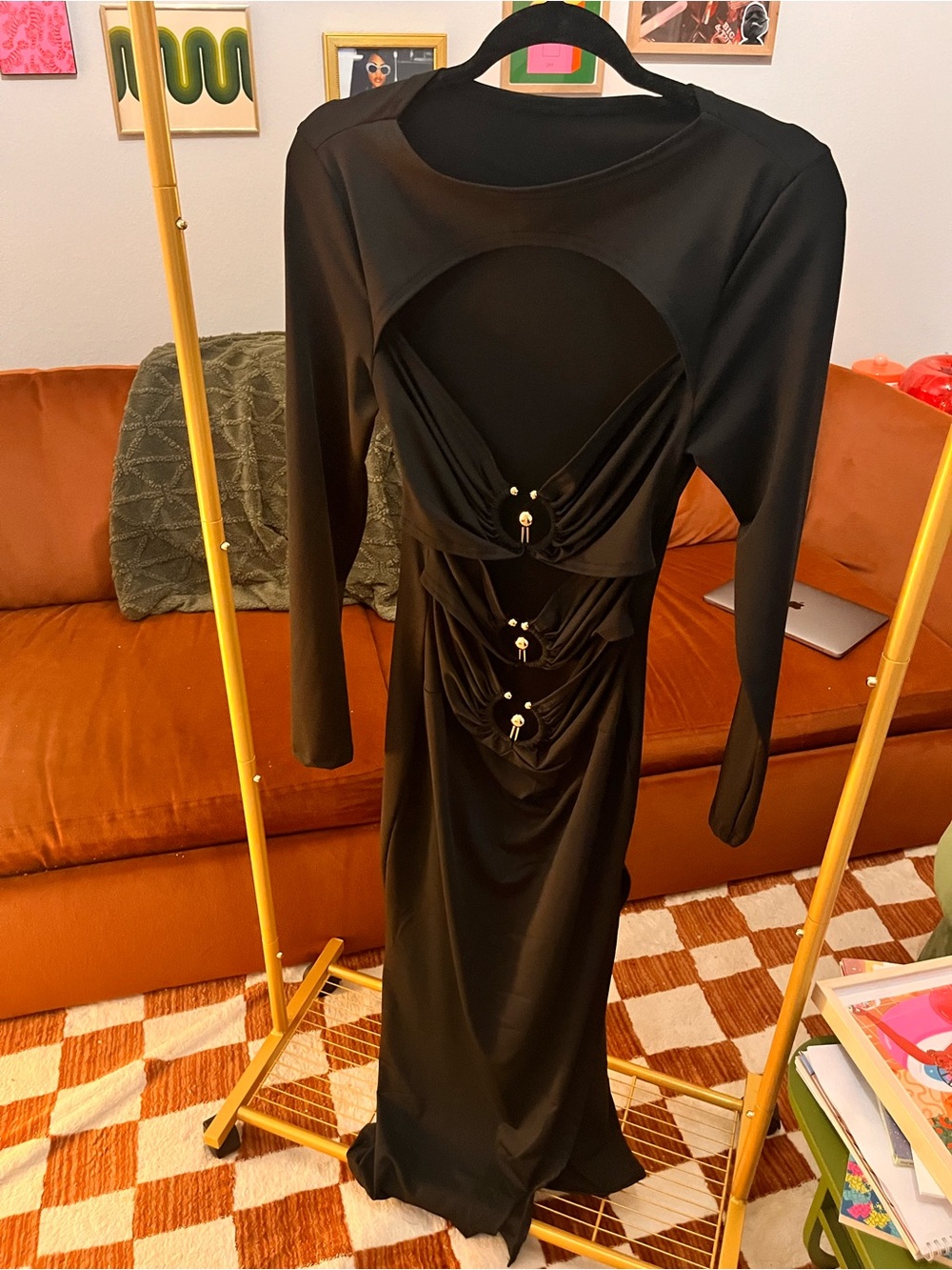 SHEIN Black Long Sleeve Cutout Ruched Dress